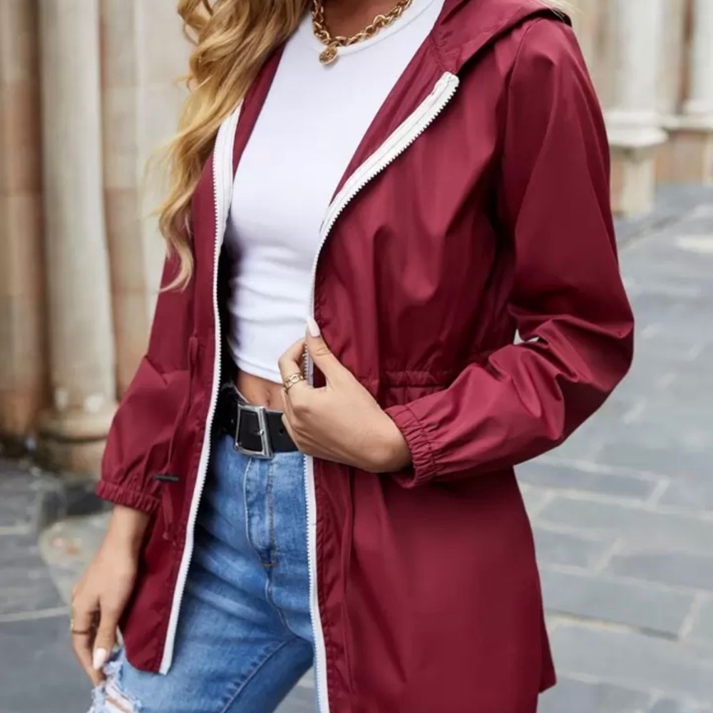 **SOLD** Burgundy Red Drawstring Waist Zip Up Hooded Jacket